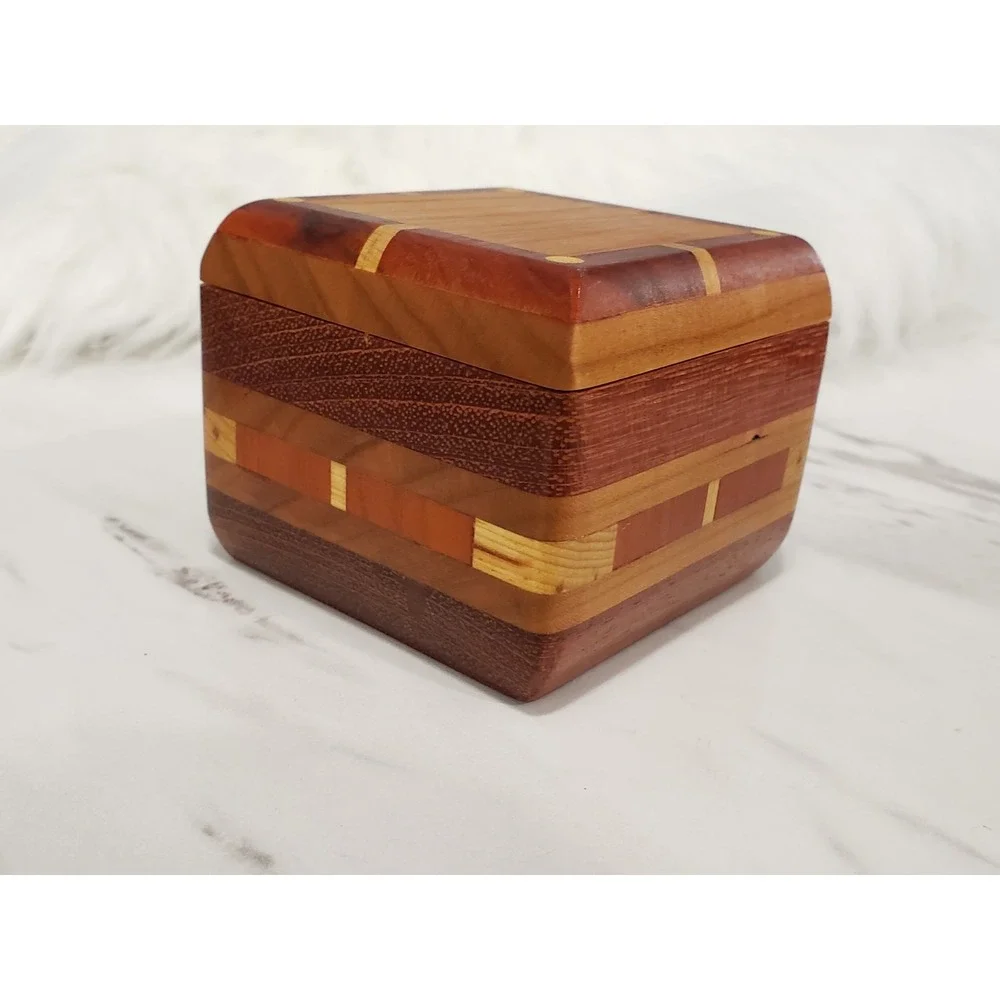 Trinket Storage box inlaid wood SWING OPEN LID MCM Vintage Pill Box Vanity